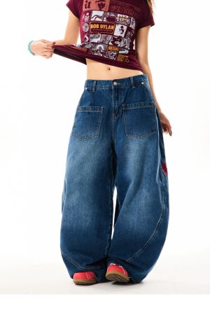 Deconstructed Gothic Embroidered Wide-Leg Jeans for Women - Loose Fit, Floor-Length American Style, Slimming Curved Blade Design