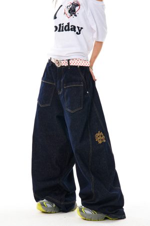 Deconstructed Gothic Embroidered Wide-Leg Jeans for Women - Loose Fit, Floor-Length American Style, Slimming Curved Blade Design