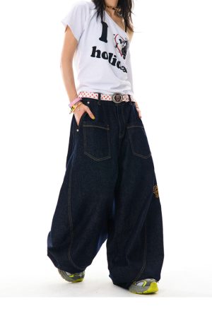 Deconstructed Gothic Embroidered Wide-Leg Jeans for Women - Loose Fit, Floor-Length American Style, Slimming Curved Blade Design