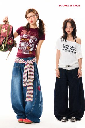 Deconstructed Gothic Embroidered Wide-Leg Jeans for Women - Loose Fit, Floor-Length American Style, Slimming Curved Blade Design
