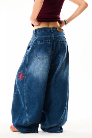 Deconstructed Gothic Embroidered Wide-Leg Jeans for Women - Loose Fit, Floor-Length American Style, Slimming Curved Blade Design