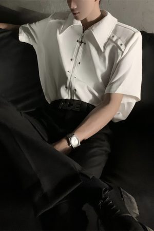 Deconstructed Metal Design Shoulder Pad Shirt for Men and Women - High-End Stylish Loose Zip Short Sleeve for Summer Fashion