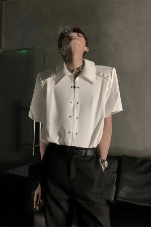 Deconstructed Metal Design Shoulder Pad Shirt for Men and Women - High-End Stylish Loose Zip Short Sleeve for Summer Fashion