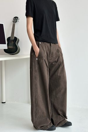 Deconstructed Tailored Casual Pants for Men and Women - Brown Rivet Design, Straight Loose Fit, Long Style, 90s Y2K Inspired