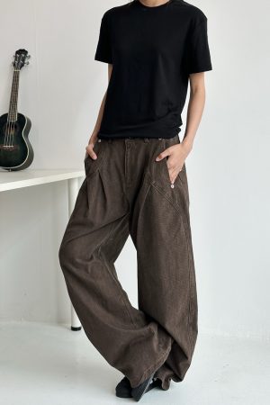 Deconstructed Tailored Casual Pants for Men and Women - Brown Rivet Design, Straight Loose Fit, Long Style, 90s Y2K Inspired