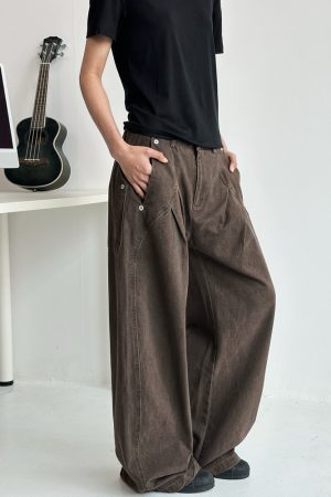 Deconstructed Tailored Casual Pants for Men and Women - Brown Rivet Design, Straight Loose Fit, Long Style, 90s Y2K Inspired
