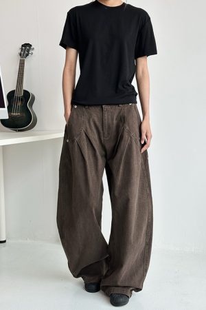Deconstructed Tailored Casual Pants for Men and Women - Brown Rivet Design, Straight Loose Fit, Long Style, 90s Y2K Inspired