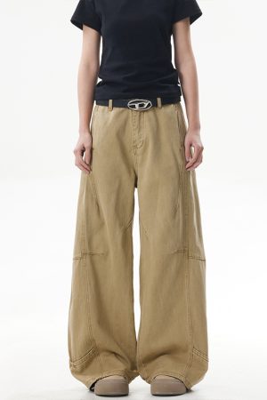 Deconstructed Vintage Work Pants for Men and Women - Retro Patchwork Khaki Curved Knife Design, American Style Fashion