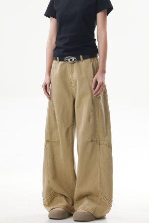 Deconstructed Vintage Work Pants for Men and Women - Retro Patchwork Khaki Curved Knife Design, American Style Fashion