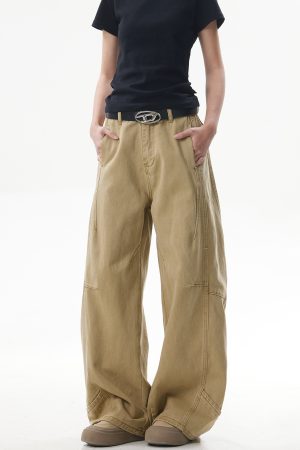 Deconstructed Vintage Work Pants for Men and Women - Retro Patchwork Khaki Curved Knife Design, American Style Fashion