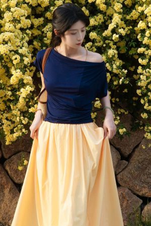 Deep Blue Off-Shoulder Modal Short-Sleeve T-Shirt - Flattering Fit, Thin & Stretchy, Versatile Summer Top for 2025