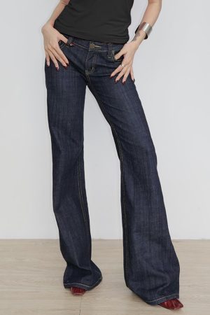 Deep Blue Vintage Wide-Leg Jeans for Women - Loose Casual Embroidered Pants - Y2K Straight-Leg Draped Style