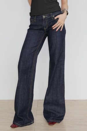 Deep Blue Vintage Wide-Leg Jeans for Women - Loose Casual Embroidered Pants - Y2K Straight-Leg Draped Style