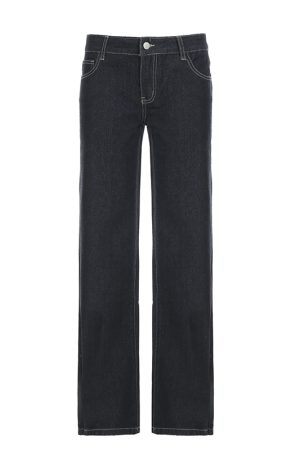 Deep Blue Vintage Wide-Leg Jeans for Women - Loose Casual Embroidered Pants - Y2K Straight-Leg Draped Style