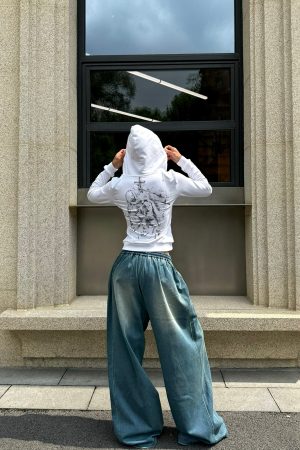 Denim Blue Wash Effect Loose Baggy Cuffed Sweatpants - Casual Y2K Style Fashion Bottoms for Effortless Comfort and Trendy Vibes