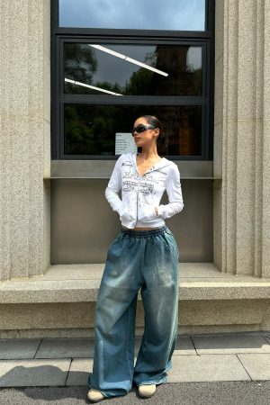 Denim Blue Wash Effect Loose Baggy Cuffed Sweatpants - Casual Y2K Style Fashion Bottoms for Effortless Comfort and Trendy Vibes