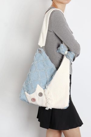 Denim Plaid Cat Shoulder Crossbody Bag - Original Design, Cute and Stylish, Ideal for Casual and Y2K Fashion Enthusiasts