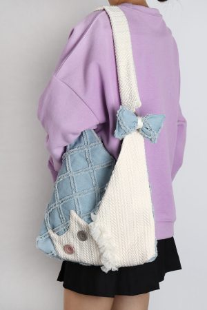 Denim Plaid Cat Shoulder Crossbody Bag - Original Design, Cute and Stylish, Ideal for Casual and Y2K Fashion Enthusiasts