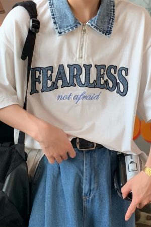 Denim Spliced Japanese Retro Short Sleeve Polo Shirt - Loose Fit Summer T-Shirt in Hong Kong Style, Perfect for 90s and Y2K Fashion