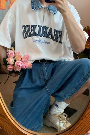 Denim Spliced Japanese Retro Short Sleeve Polo Shirt - Loose Fit Summer T-Shirt in Hong Kong Style, Perfect for 90s and Y2K Fashion