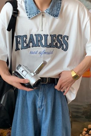 Denim Spliced Japanese Retro Short Sleeve Polo Shirt - Loose Fit Summer T-Shirt in Hong Kong Style, Perfect for 90s and Y2K Fashion