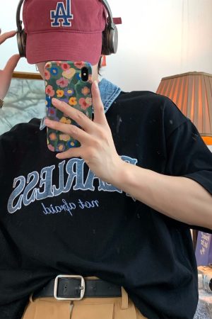 Denim Spliced Japanese Retro Short Sleeve Polo Shirt - Loose Fit Summer T-Shirt in Hong Kong Style, Perfect for 90s and Y2K Fashion