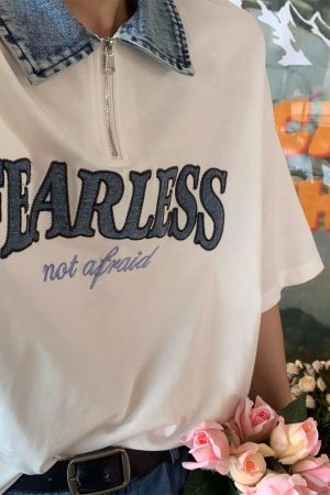 Denim Spliced Japanese Retro Short Sleeve Polo Shirt - Loose Fit Summer T-Shirt in Hong Kong Style, Perfect for 90s and Y2K Fashion