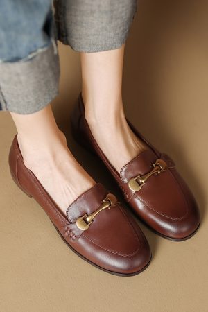 Distressed Brown Chunky Heel Loafers for Women - Genuine Leather Round Toe with Metal Buckle - Retro 90s Style Shoes