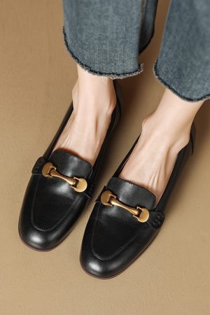 Distressed Brown Chunky Heel Loafers for Women - Genuine Leather Round Toe with Metal Buckle - Retro 90s Style Shoes
