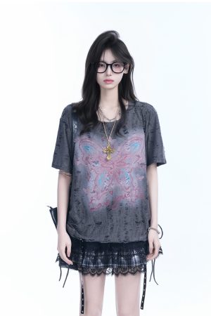 Distressed Butterfly Short-Sleeve T-Shirt with Sit and Eat Until the Mountains are Empty Graphic â€“ Trendy American Style, Casual Fit