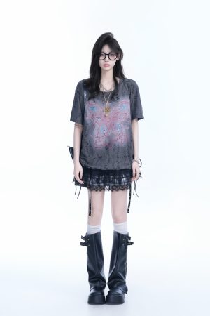 Distressed Butterfly Short-Sleeve T-Shirt with Sit and Eat Until the Mountains are Empty Graphic â€“ Trendy American Style, Casual Fit