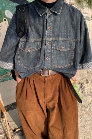 Distressed Denim Short Sleeve Shirt for Men and Women - Vintage Washed Loose Summer Top - Trendy 90s Style