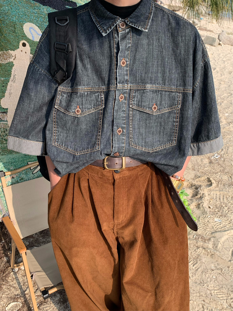 Distressed Denim Short Sleeve Shirt for Men and Women - Vintage Washed Loose Summer Top - Trendy 90s Style Distressed Denim Short Sleeve Shirt for Men and Women - Vintage Washed Loose Summer Top - Trendy 90s Style