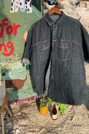 Distressed Denim Short Sleeve Shirt for Men and Women - Vintage Washed Loose Summer Top - Trendy 90s Style