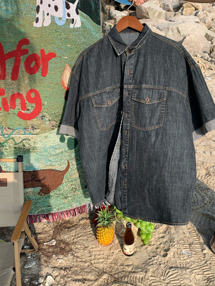 Distressed Denim Short Sleeve Shirt for Men and Women - Vintage Washed Loose Summer Top - Trendy 90s Style Distressed Denim Short Sleeve Shirt for Men and Women - Vintage Washed Loose Summer Top - Trendy 90s Style