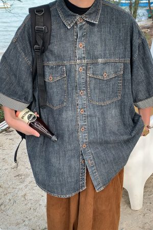 Distressed Denim Short Sleeve Shirt for Men and Women - Vintage Washed Loose Summer Top - Trendy 90s Style