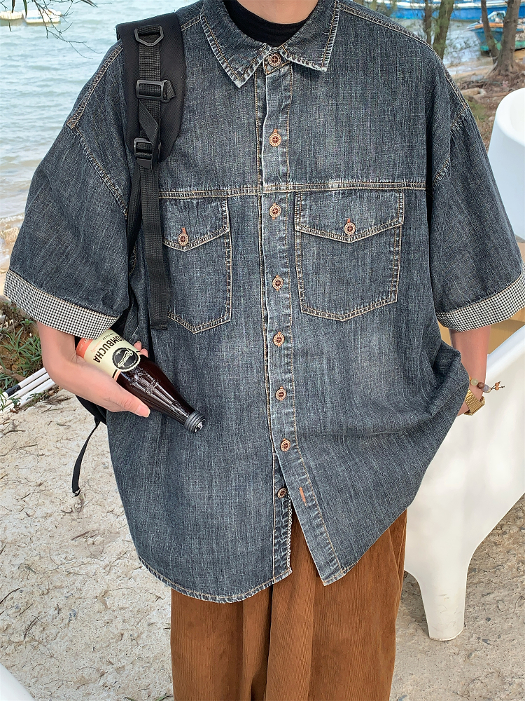 Distressed Denim Short Sleeve Shirt for Men and Women - Vintage Washed Loose Summer Top - Trendy 90s Style Distressed Denim Short Sleeve Shirt for Men and Women - Vintage Washed Loose Summer Top - Trendy 90s Style