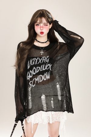 Distressed Hollow-Out Knitted Shirt for Women - American Style Loose Long Sleeve Sun Protection Cover-Up, Summer Lazy Trend