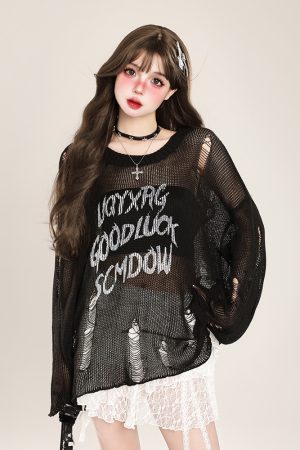 Distressed Hollow-Out Knitted Shirt for Women - American Style Loose Long Sleeve Sun Protection Cover-Up, Summer Lazy Trend