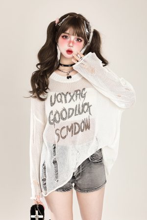 Distressed Hollow-Out Knitted Shirt for Women - American Style Loose Long Sleeve Sun Protection Cover-Up, Summer Lazy Trend