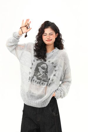 Distressed Hollowed-Out Long Sleeve Cover-Up Top for Women - Retro American Style Sun Protection Knitted Summer Fashion