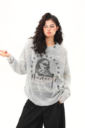 Distressed Hollowed-Out Long Sleeve Cover-Up Top for Women - Retro American Style Sun Protection Knitted Summer Fashion