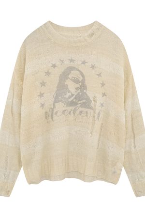 Distressed Hollowed-Out Long Sleeve Cover-Up Top for Women - Retro American Style Sun Protection Knitted Summer Fashion