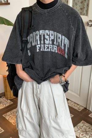 Distressed Letter Print Heavyweight Short Sleeve T-Shirt for Women - Casual Loose Round Neck Tee, Summer Vintage Style