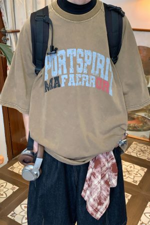 Distressed Letter Print Heavyweight Short Sleeve T-Shirt for Women - Casual Loose Round Neck Tee, Summer Vintage Style