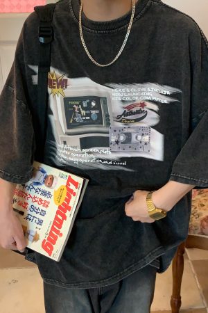 Distressed Oversized T-Shirt for Couples - Handmade American Vintage Style, Computer Washed, Trendy Summer Short Sleeve