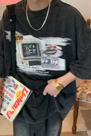 Distressed Oversized T-Shirt for Couples - Handmade American Vintage Style, Computer Washed, Trendy Summer Short Sleeve