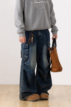 Distressed Straight Leg Retro Workwear Jeans for Men - Versatile Loose Fit Long Pants for Casual 90s Style