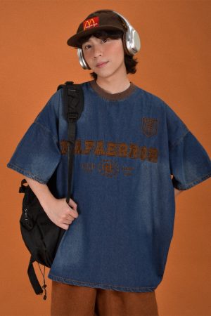 Distressed Vintage Denim Round Neck Loose Short Sleeve T-Shirt for Couples - Trendy Hip Hop Unisex Top