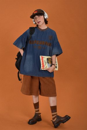 Distressed Vintage Denim Round Neck Loose Short Sleeve T-Shirt for Couples - Trendy Hip Hop Unisex Top